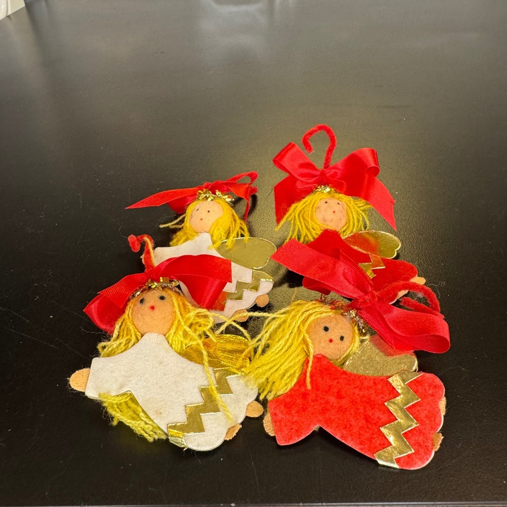 Handmade Angel Christmas Ornaments Set of 4 Red White Gold Felt Yarn Vintage